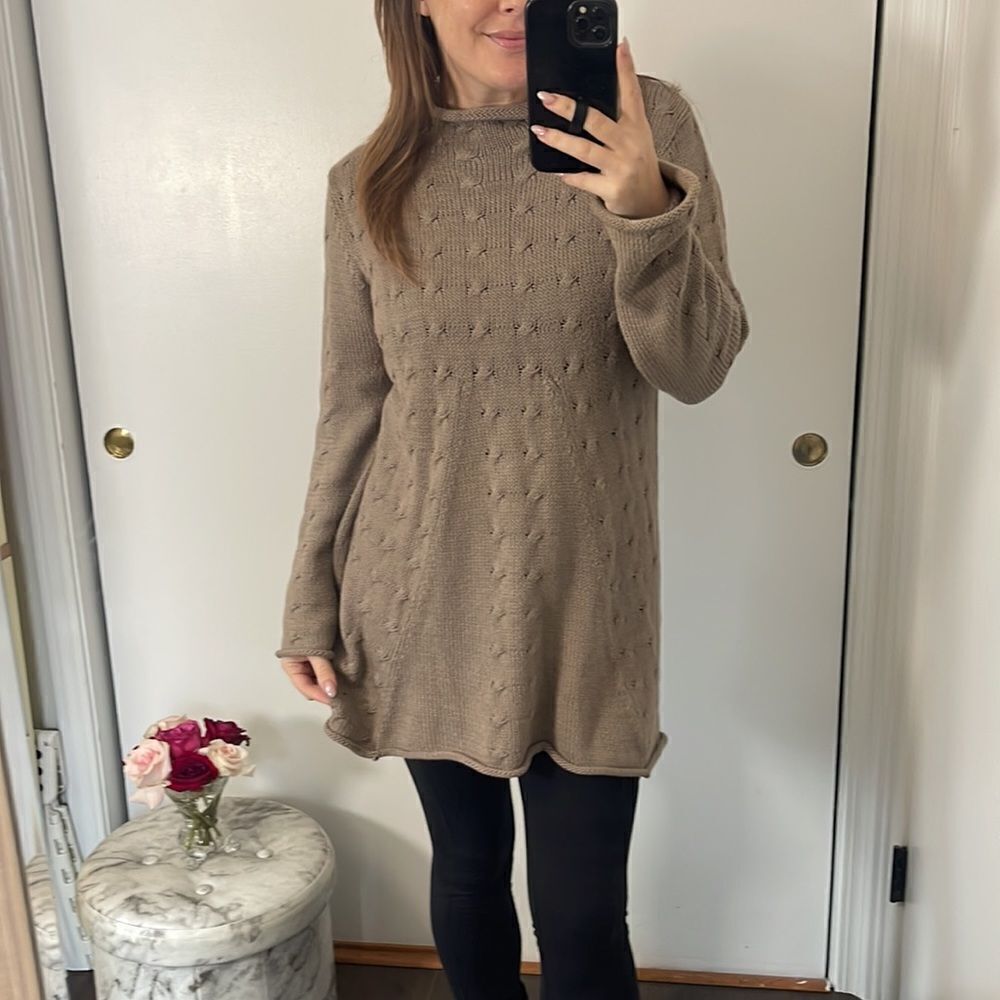 EUC Pure Handknit Taupe Roll Neck Bell Sleeve Sweater S/M